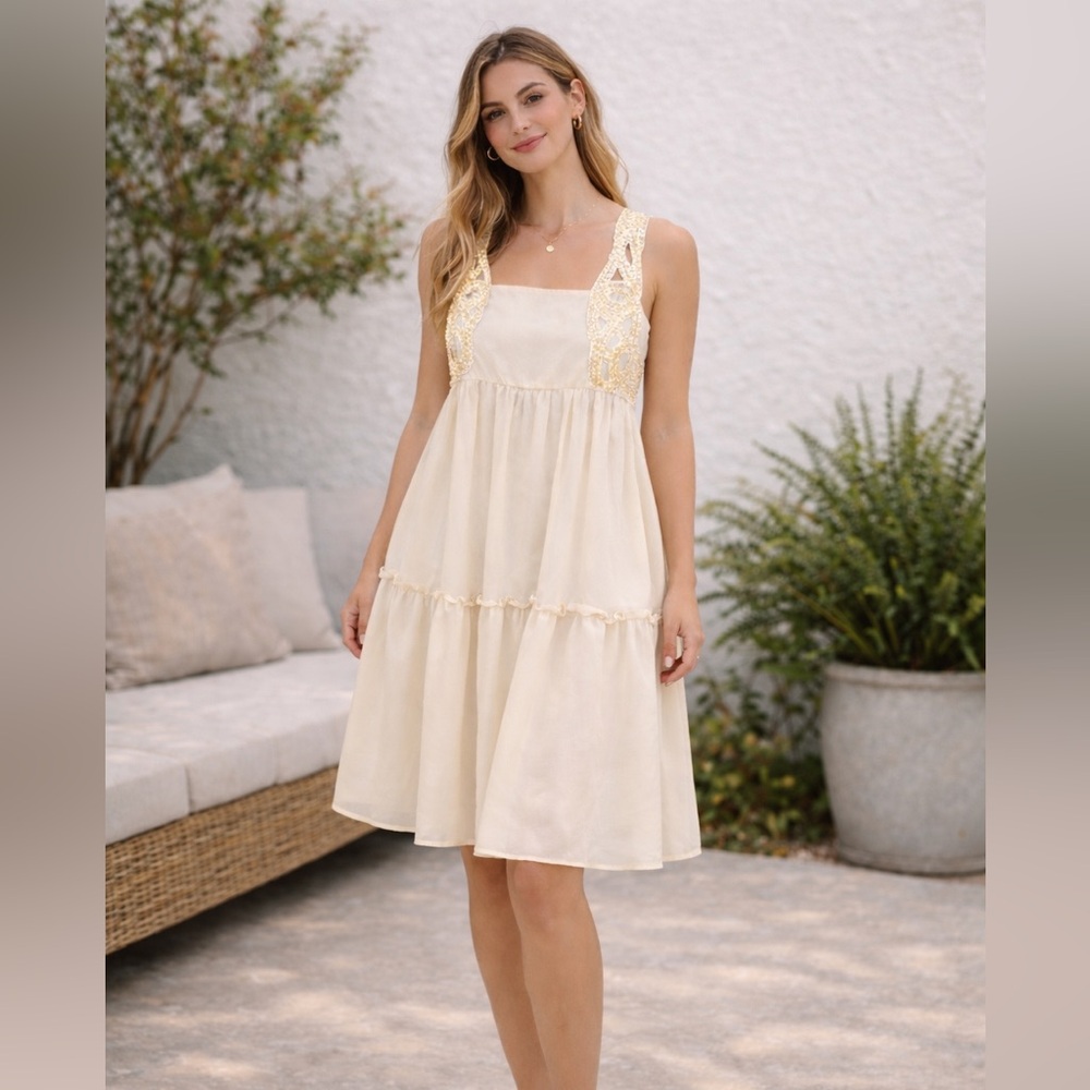 NWT Paola Frani PF Ivory Beaded Boho Babydoll Knee Length Dress IT 44 (8-10 US)